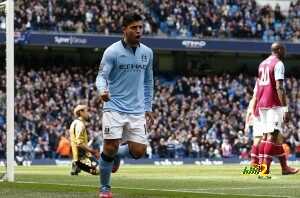 Manchester City's Aguero celebrates his goal aginst West Ham United during their English Premier League soccer match in Manchester