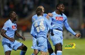 Napoli's Zapata celebrates with team mates after scoring the second goal for the team during their Champions League soccer match against Olympique Marseille at the Velodrome stadium in Marseille