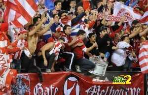 Olympiakos fans celebrate their teams wi