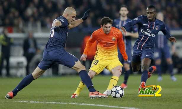 Paris St Germain's Alex and Matuidi challenge Barcelona's Messi during their Champions League quarter-final first leg soccer match at the Parc des Princes Stadium in Paris