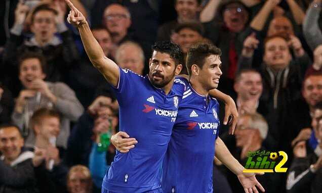 Diego Costa celebrates scoring a goal with Oscar after making it 3-0 during the UEFA Champions League match between Chelsea and Maccabi Tel Aviv played at Stamford Bridge Stadium, London