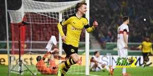 STUTTGART, GERMANY - FEBRUARY 09: Marco Reus of Borussia Dortmund celebrates as he scores their first goal during the DFB Cup Quarter Final match between VfB Stuttgart and Borussia Dortmund at Mercedes-Benz Arena on February 9, 2016 in Stuttgart, Germany. (Photo by Matthias Hangst/Bongarts/Getty Images)