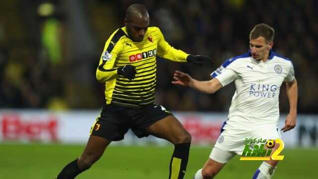"WATFORD, ENGLAND - MARCH 05:  Allan-Romeo Nyom of Watford and Marc Albrighton of Leicester City compete for the ball during the Barclays Premier League match between Watford and Leicester City at Vicarage Road on March 5, 2016 in Watford, England.  (Photo by Richard Heathcote/Getty Images)"